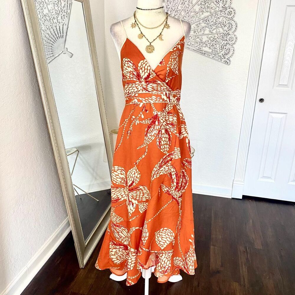 band of the free Orange Floral Wrap Midi Maxi Dress Size S